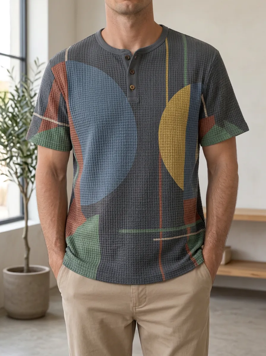 Men's Relaxed Abstract Geometric Waffle Knit Henley T-Shirt