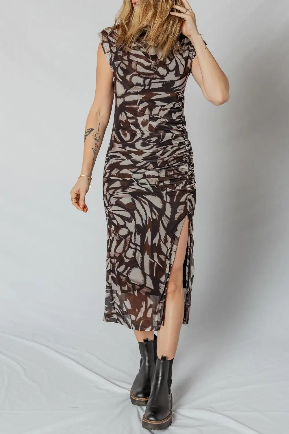Abstract Print Ruched Slit Midi Dress