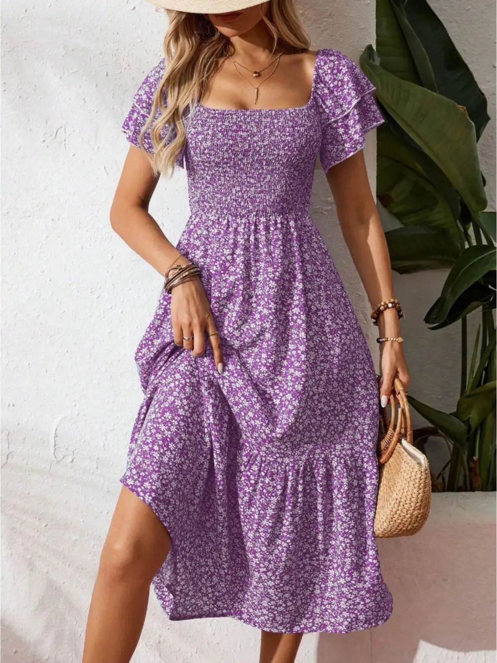 Gathered Detail Floral Printed Ruffle Dress