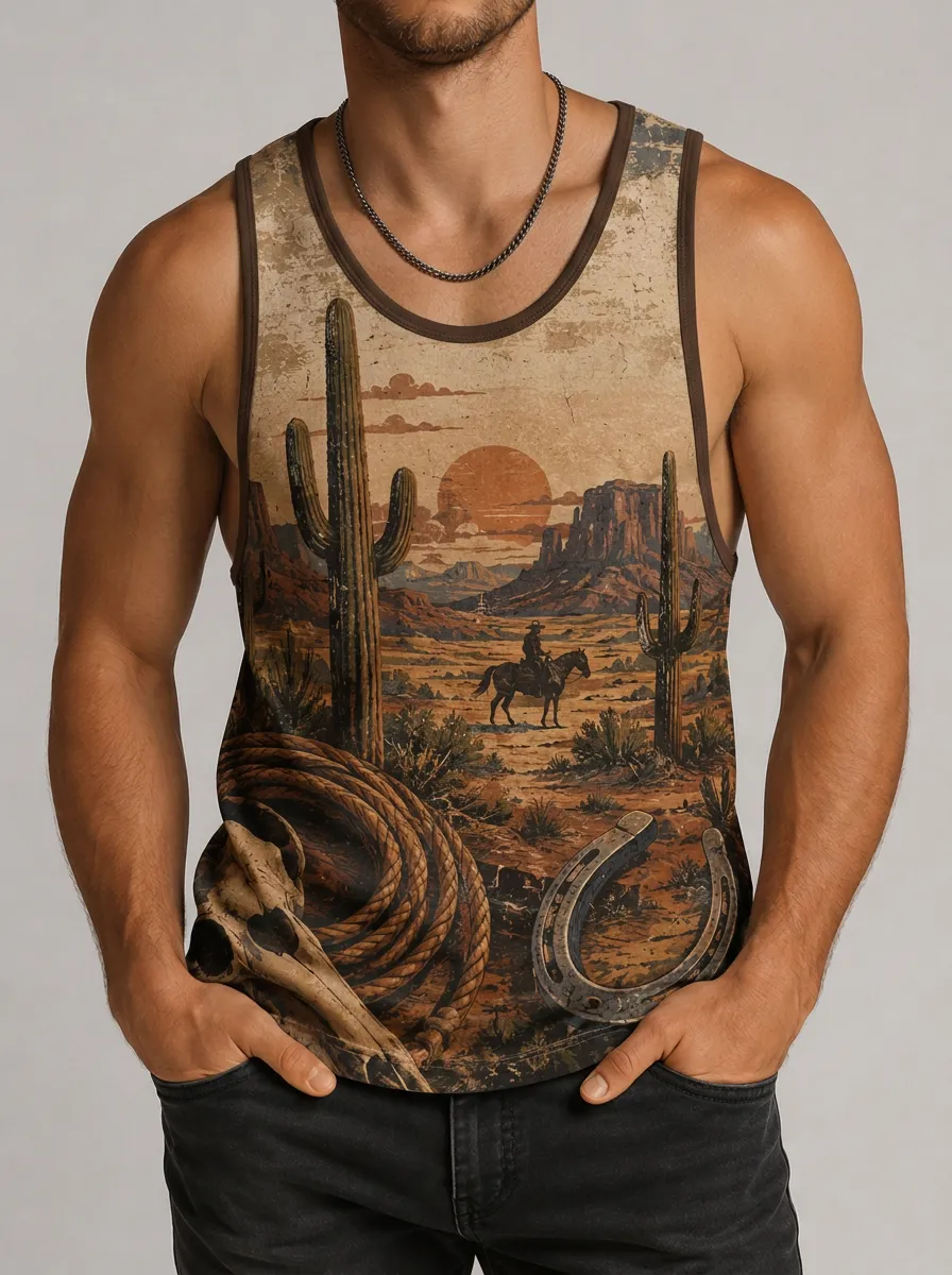 Men's Contrast Trim Western Desert Graphic Tank Top