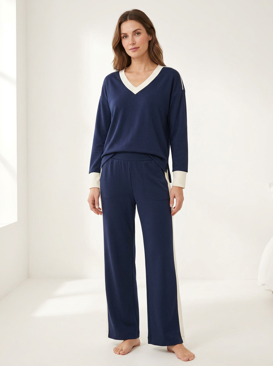 Women's Side-Slit V-Neck Piped Straight-Leg Lounge Set