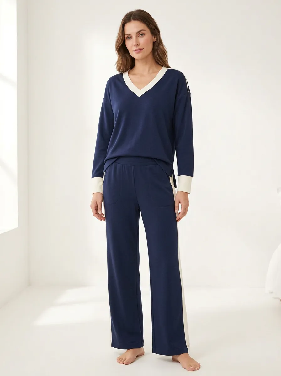 Women's Side-Slit V-Neck Piped Straight-Leg Lounge Set
