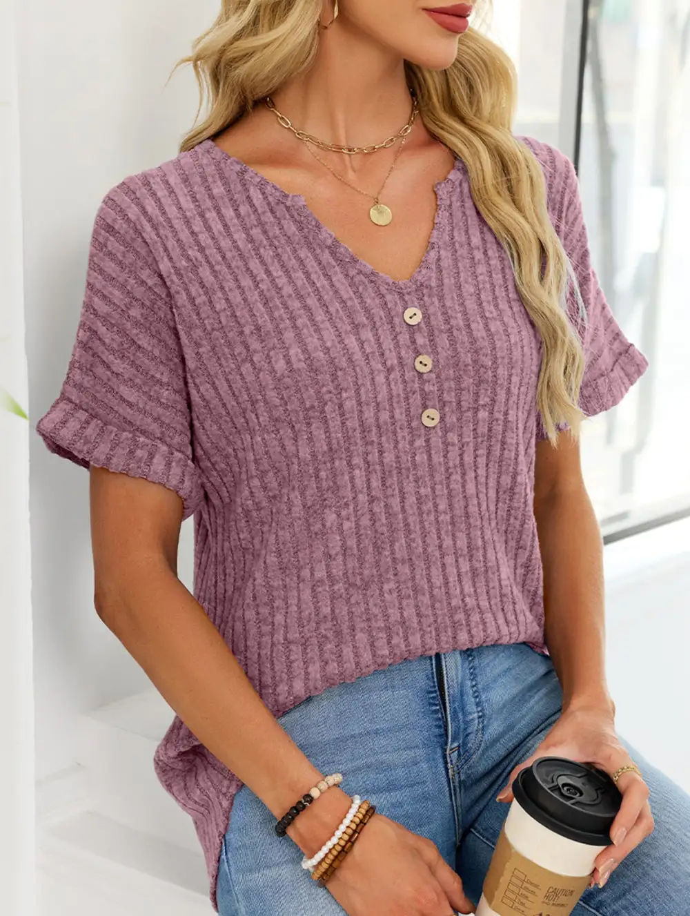 V Neck Button Front Loose Ribbed Tee
