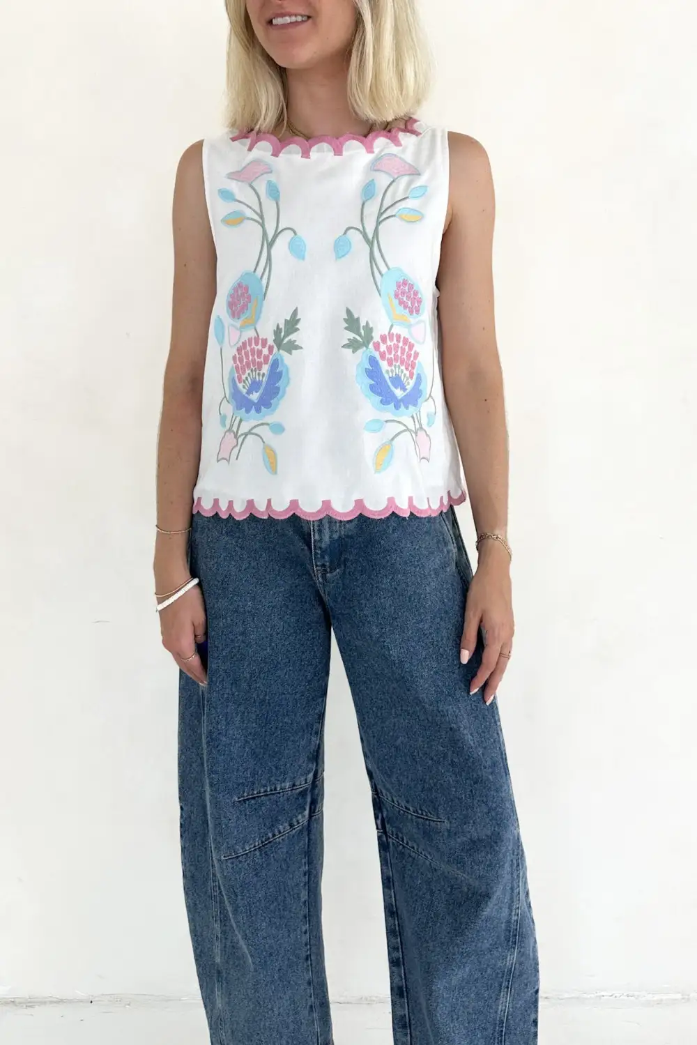 Modern Floral Embroidered Sleeveless Top