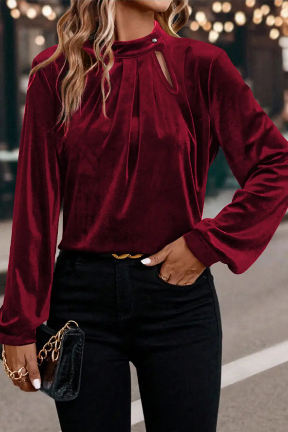 Velvet Long Sleeve Button Front Blouse