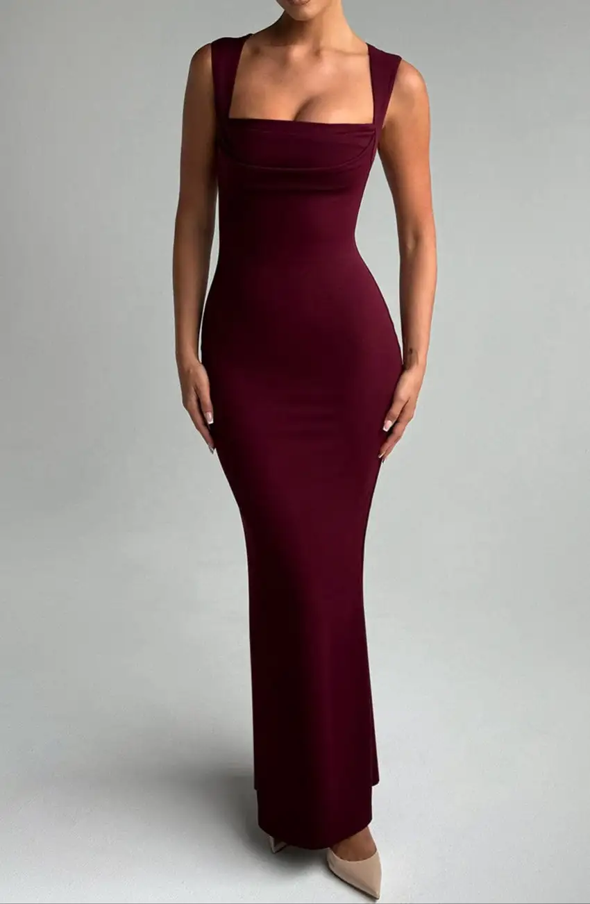 Bodycon Square Neck Draped Maxi Dress