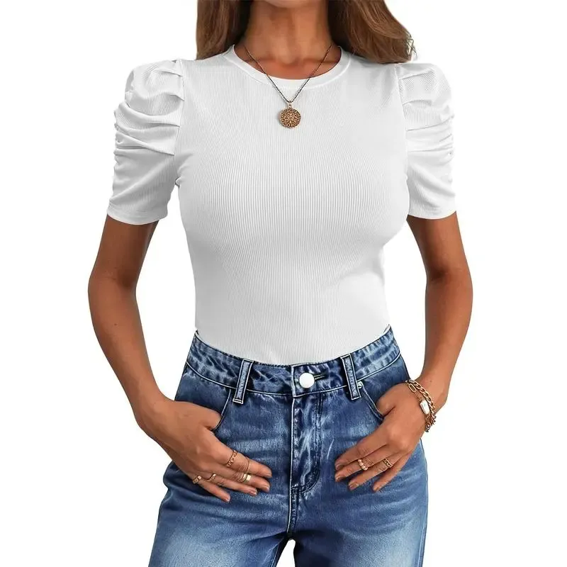 Women Puff Short Sleeve Crewneck Dressy Casual Tops