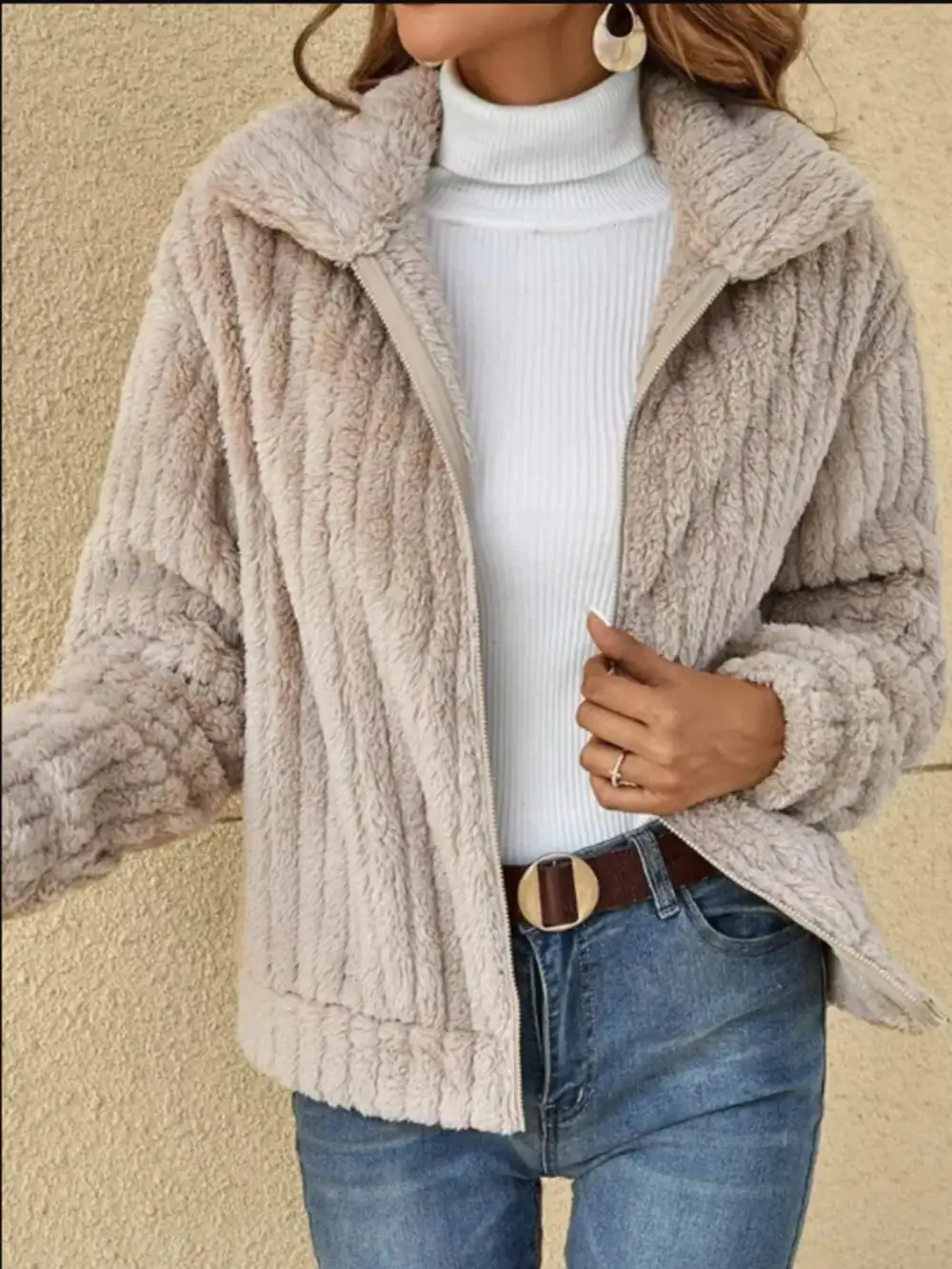 Full Size Zip-up Long Sleeve Texture Jacket Plus Size