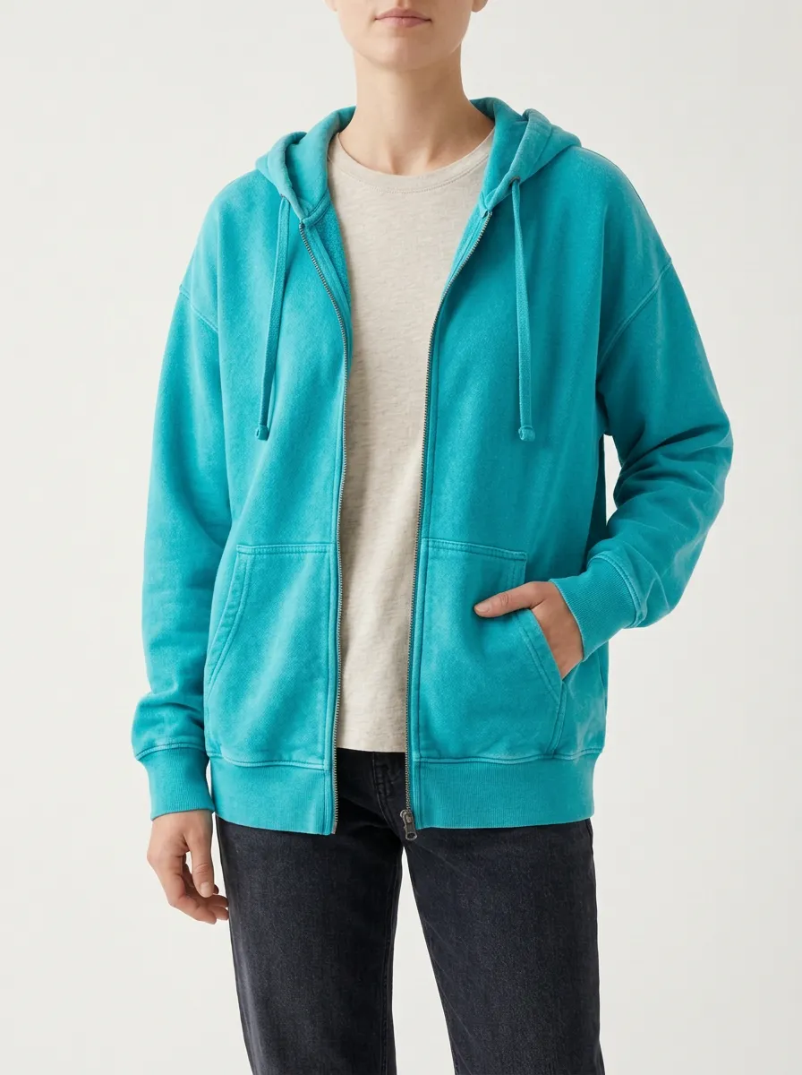 Vintage-Wash Plain Zip-Up Unisex Zip-Up Hooded Jacket