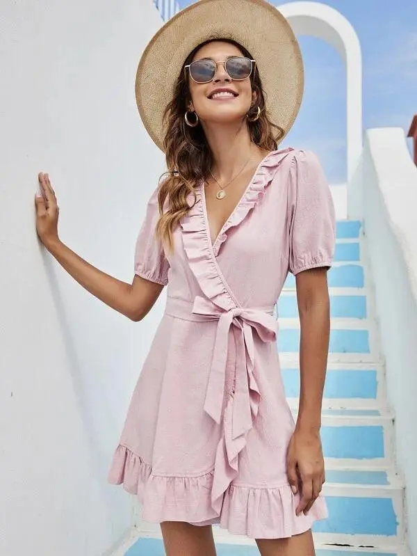 Women Ruffle Trim Wrap Belted Dress