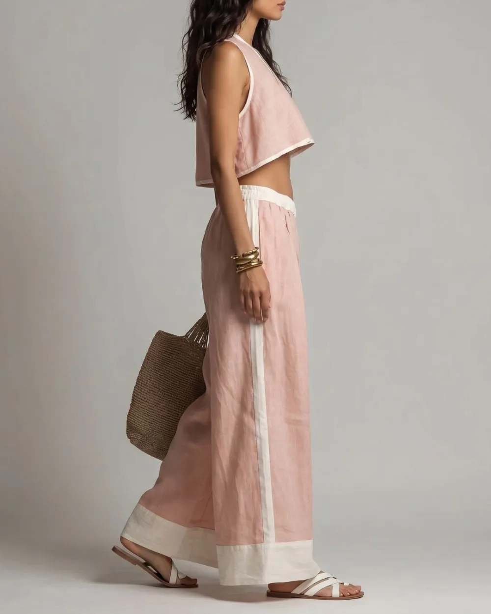 Plunging V-Neck Crop Top and Wide Leg Pants Set