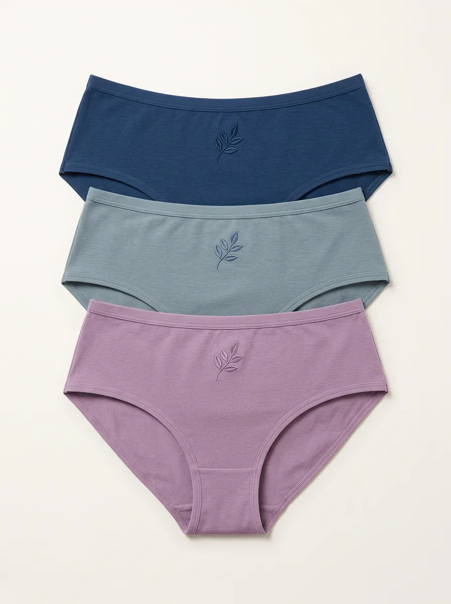 Women's Mid-Rise Tonal Leaf Embroidered Smooth-Finish Briefs Three Pack