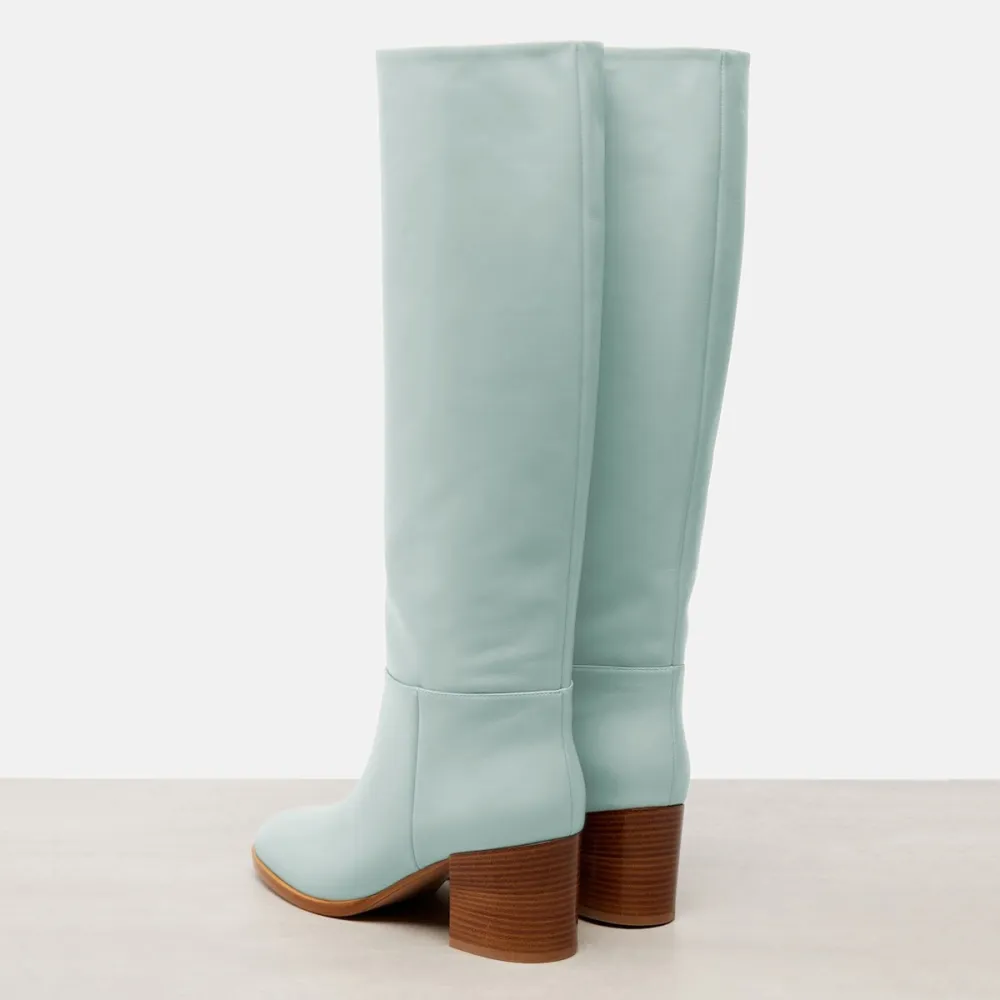 Faux-Leather Pull-On Round-Toe Block-Heel Knee-High Boots