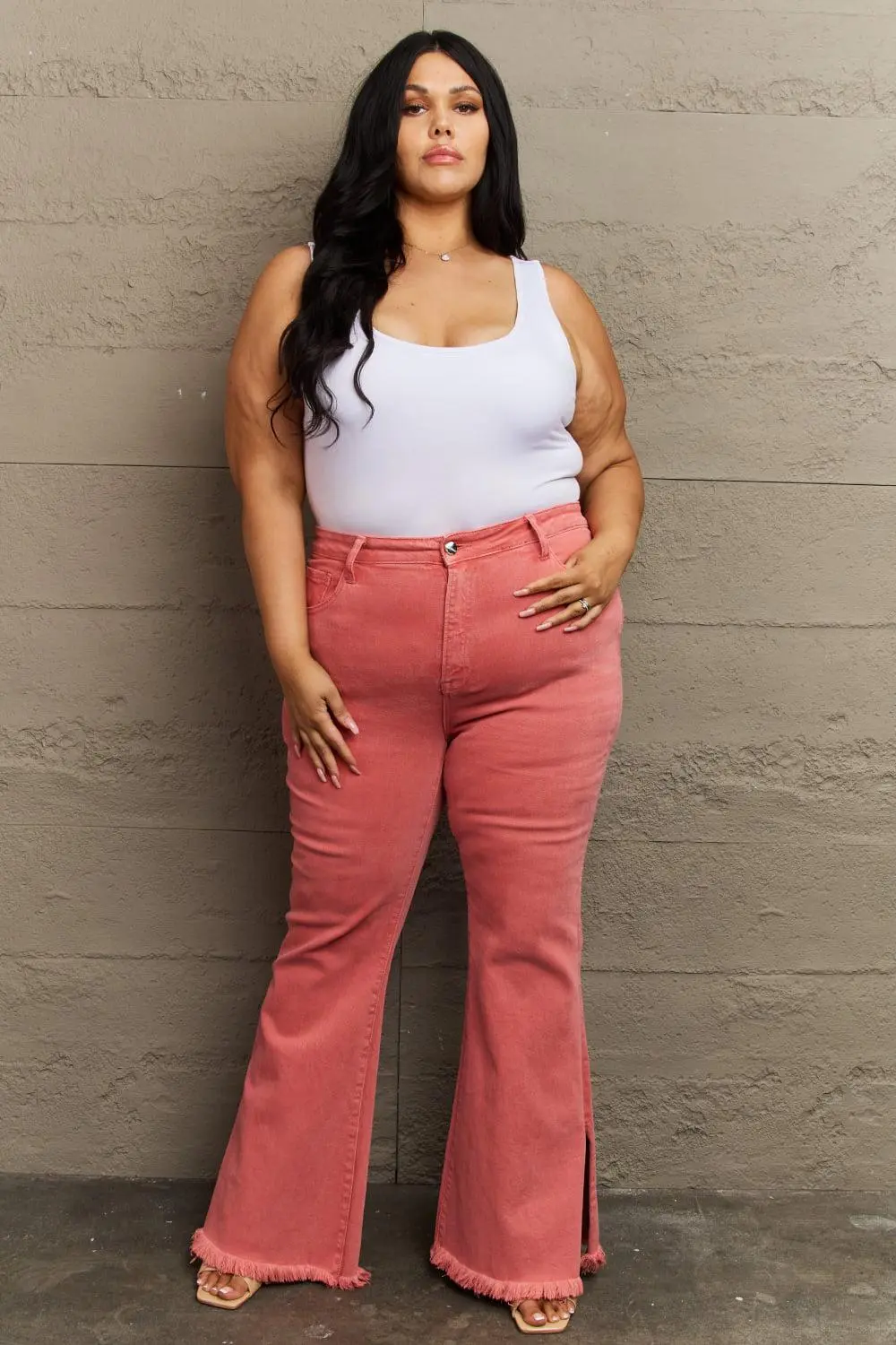 Smooth High Waist Flare Leg Slit Denim Jeans