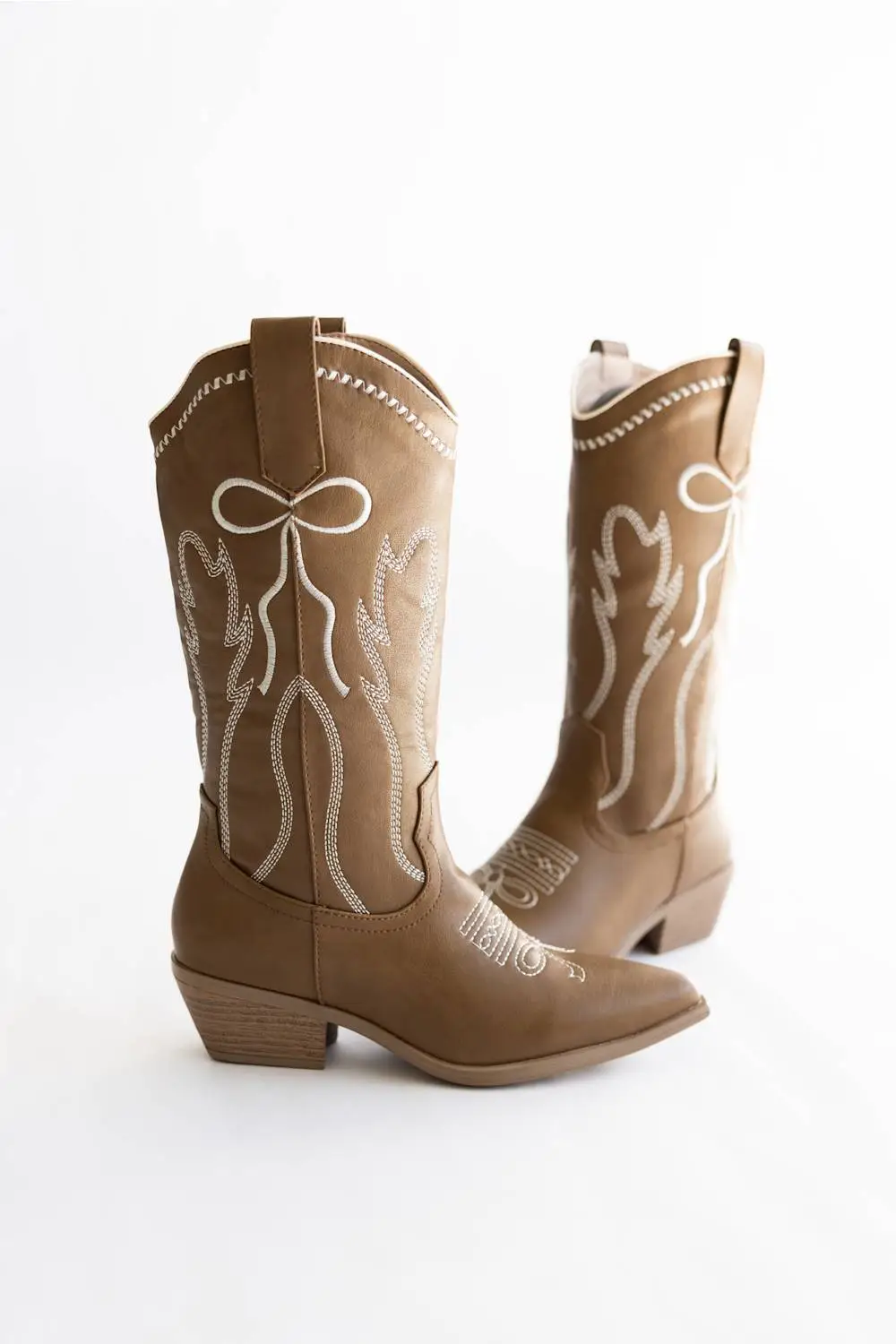 Bow Detail Zip Entry Pointed Toe Mid Calf Western Boots