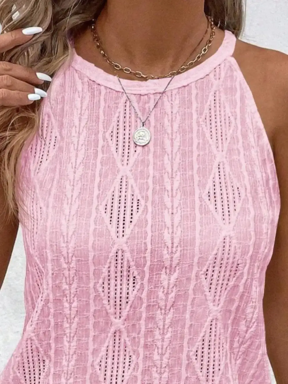 Round Neck Eyelet Textured