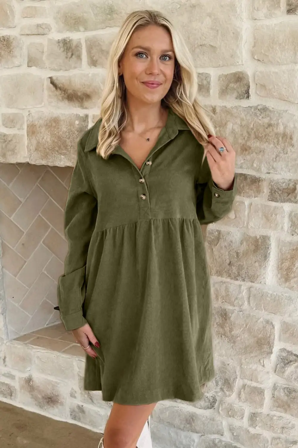 Corduroy Half Button Long Sleeve Mini Dress