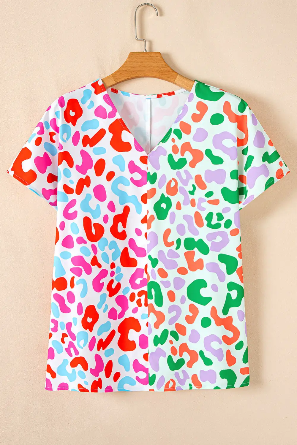 Leopard Print V-Neck Short Sleeve Blouse