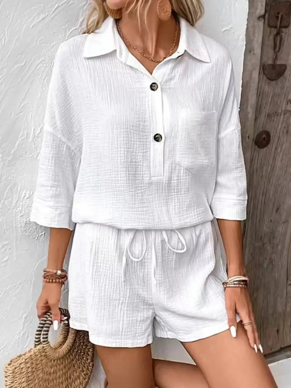 Button Detail Top and Shorts Set