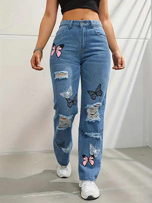 Butterfly Print Distressed Fringe Detail High Waist Seamed Jeans