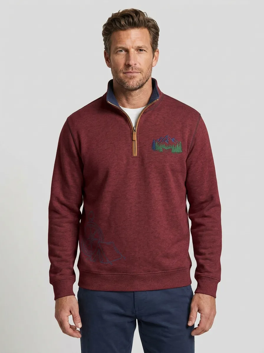 Men's Camping Mountain Compass Graphic Zip-Neck Sweatshirt
