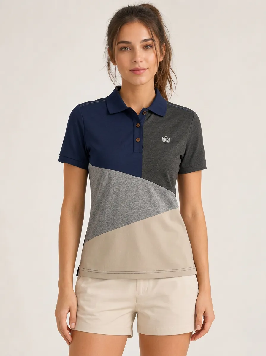 Women's Casual Sporty Colorblock Embroidered Logo Polo Shirt