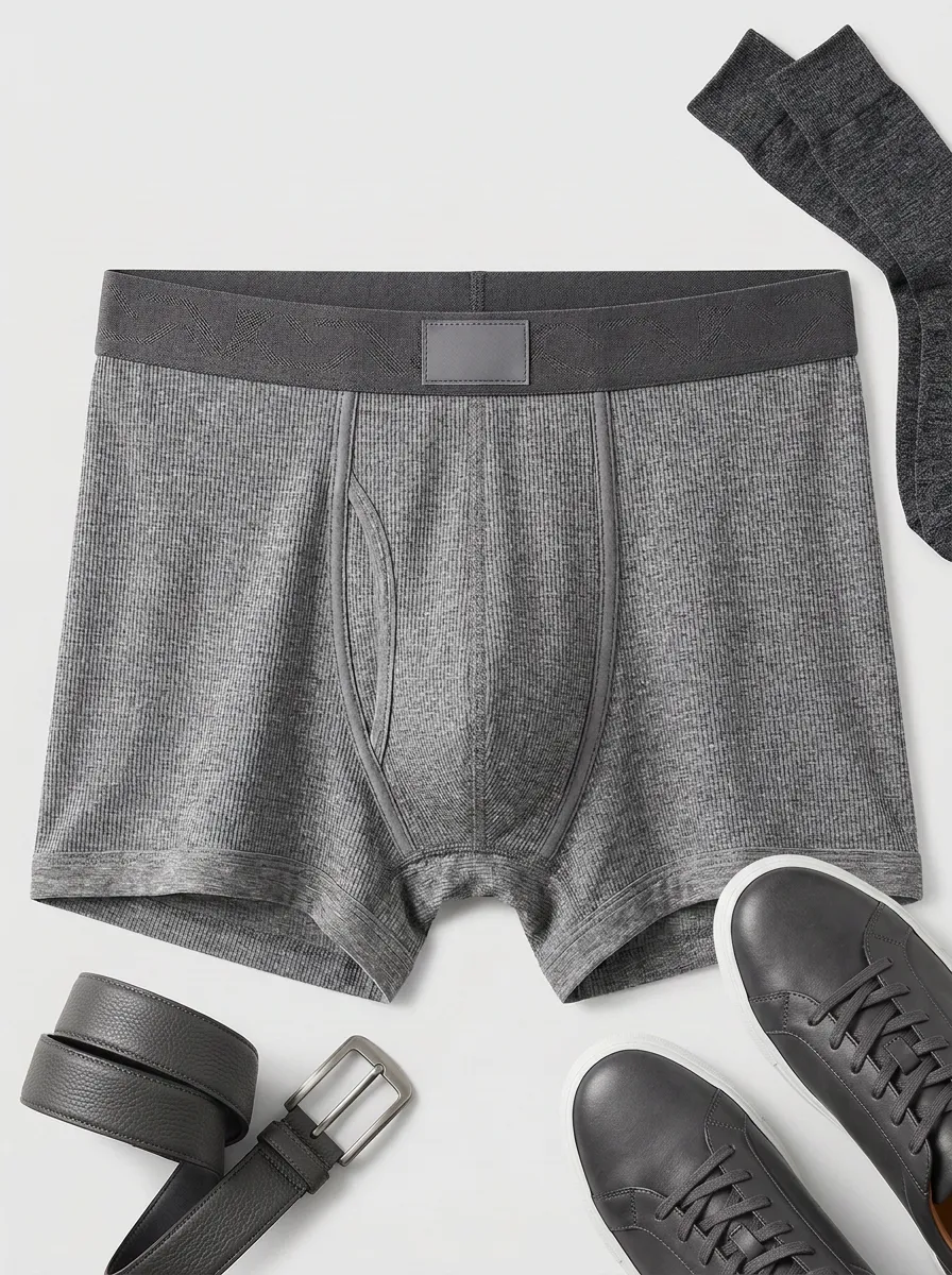 Men's Grey Ribbed Texture Solid Printed Boxer Briefs