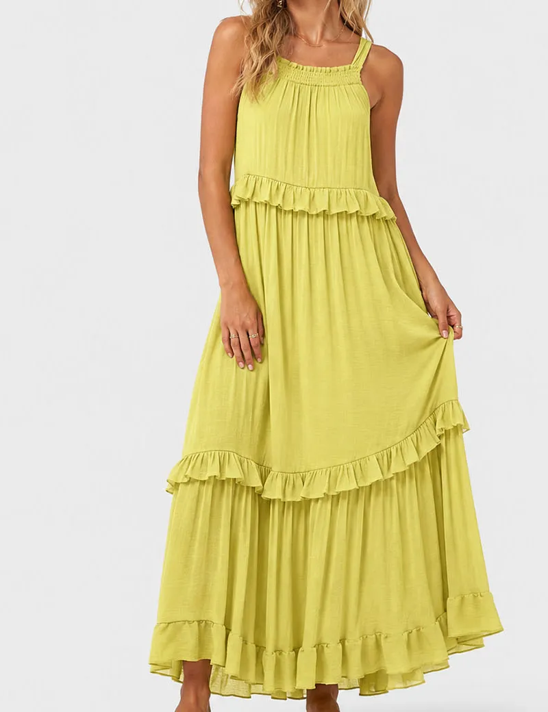 Boho Ruffle Tiered Hem Sleeveless Solid Color Maxi Dress