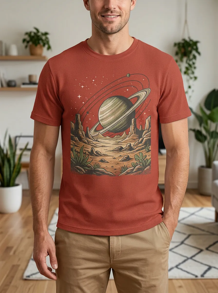 Men's Space Astronomy Lover Saturn Desert Landscape Crew Neck T-Shirt