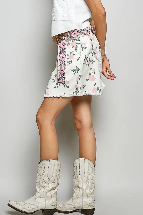 Sequin Floral Print Raw Hem Pocketed Mini Skirt