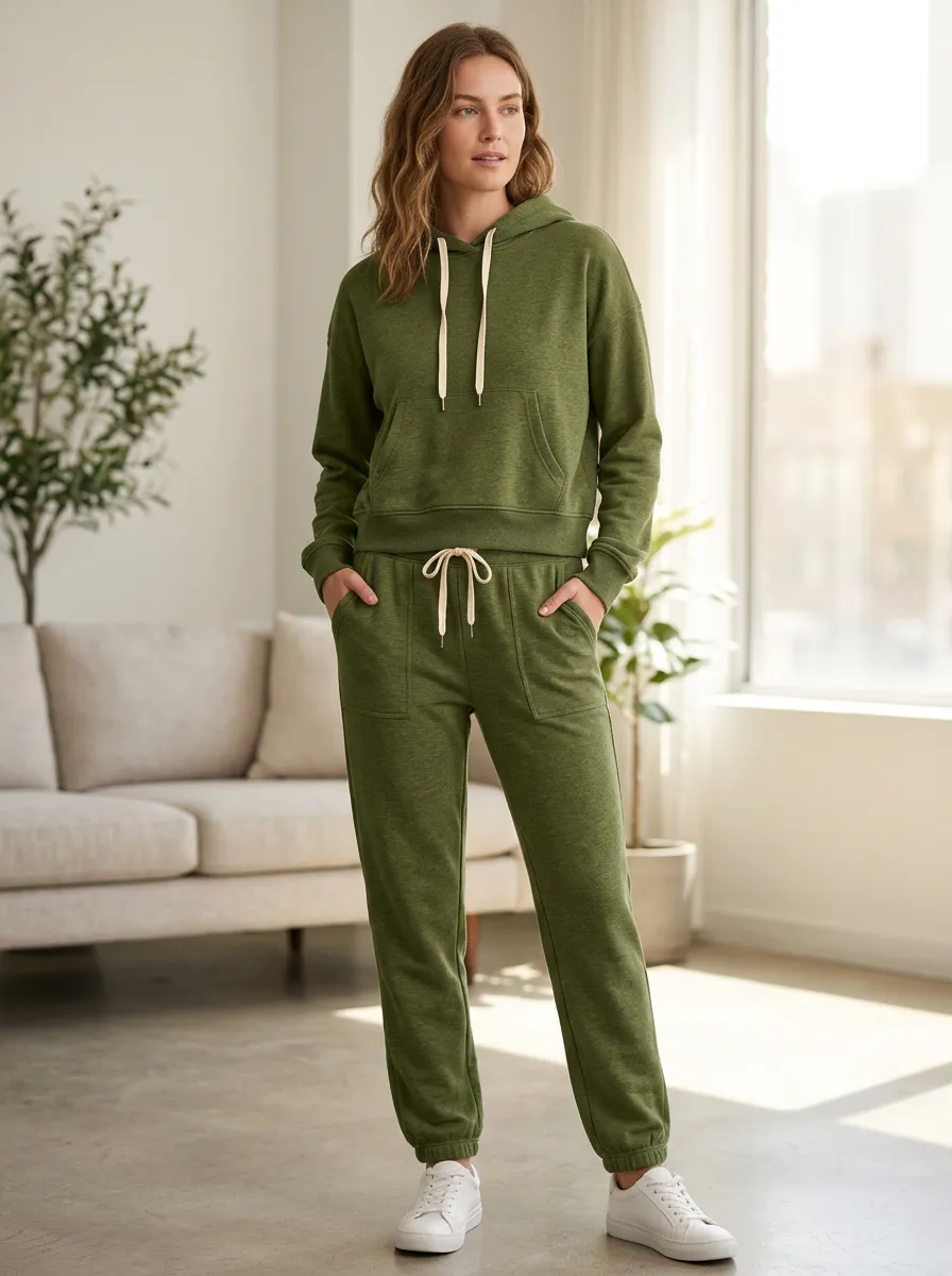 Women's Olive Green Solid Color Drawstring Printed Hoodie Jogger Set