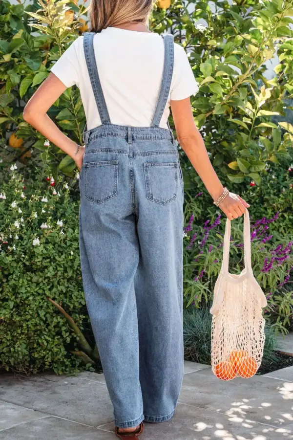 Pleated Wide Leg Retro Pocketed Jumpsuit Denim Pants