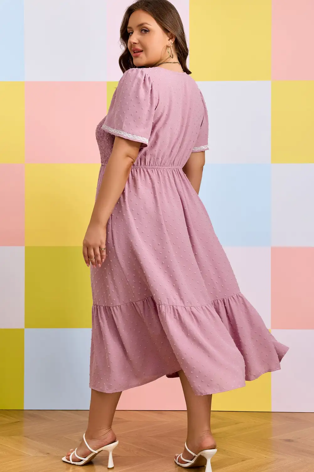 Smocked Short Sleeve High Waist Midi Dress