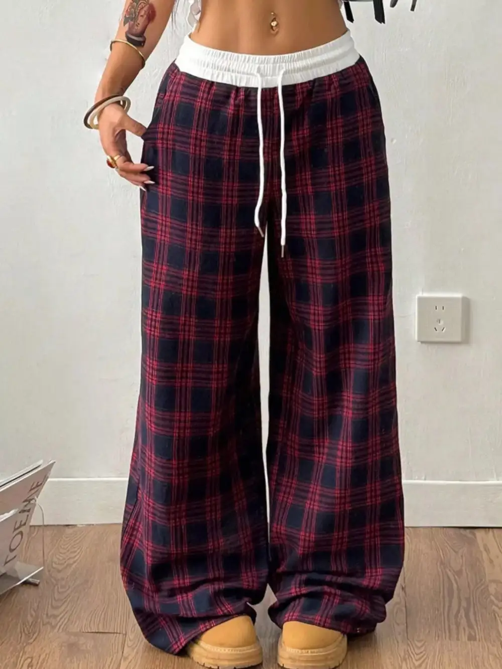 Wide Leg Elastic Waist Plaid Drawstring Pants