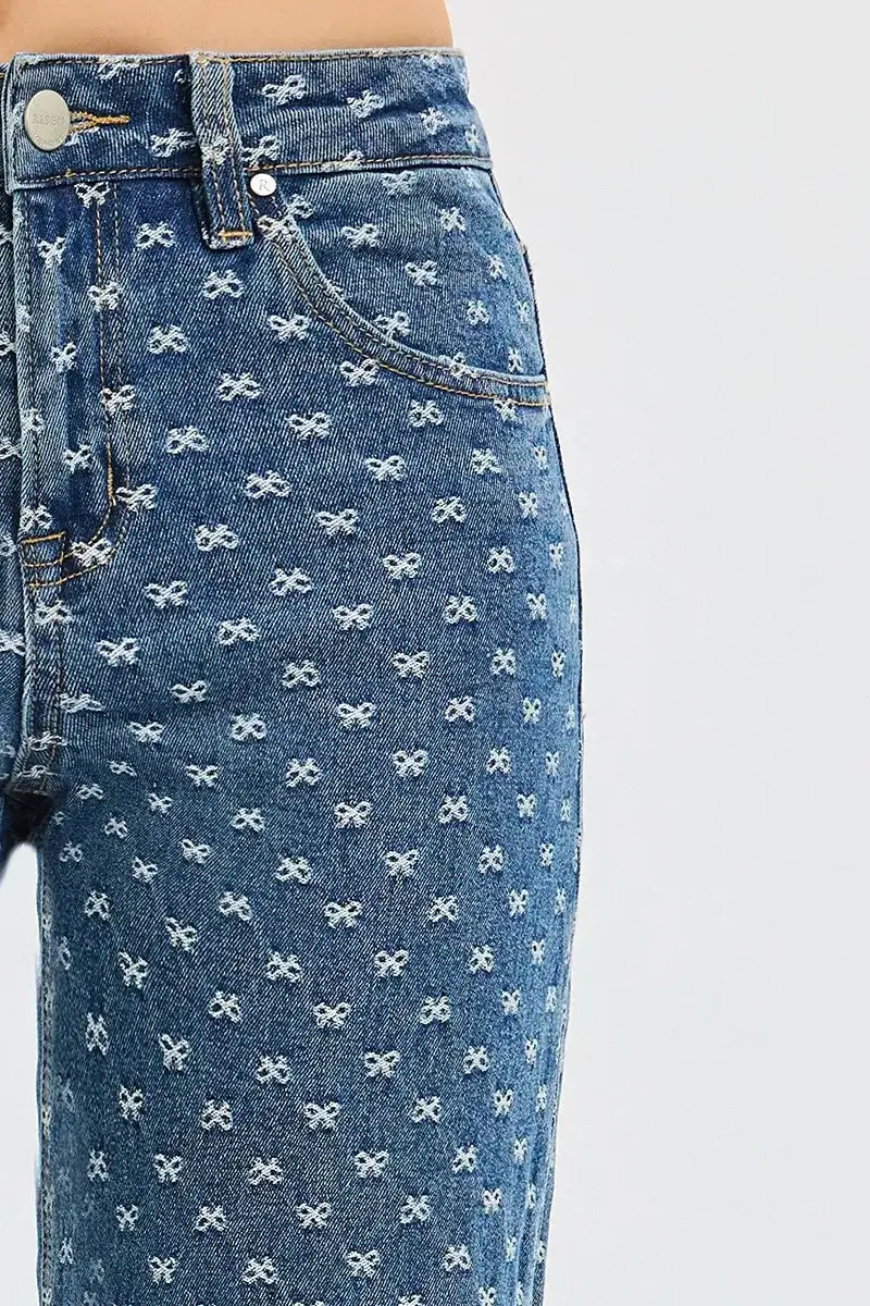 High Rise Bow Detail Embroidered Wide Leg Jeans