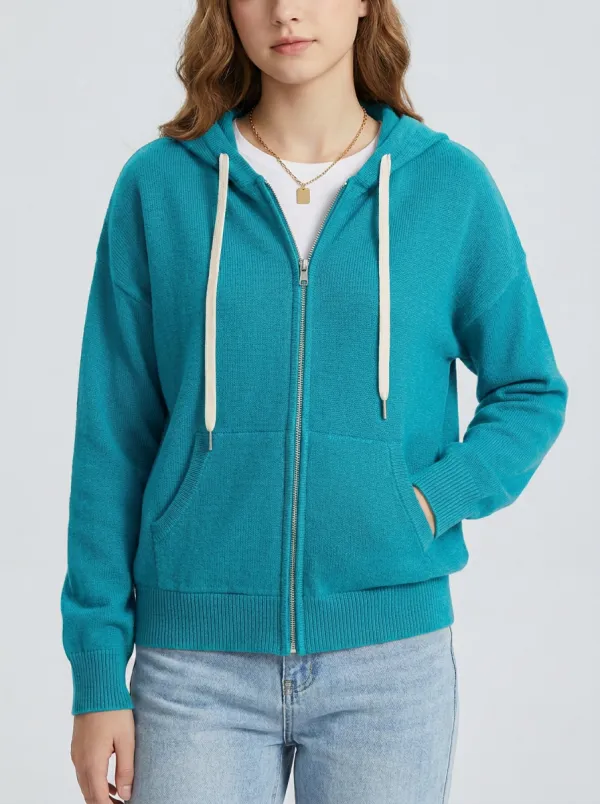 Knit-Texture Drawstring Zip-Up Women's Zip-Up Hooded Jacket