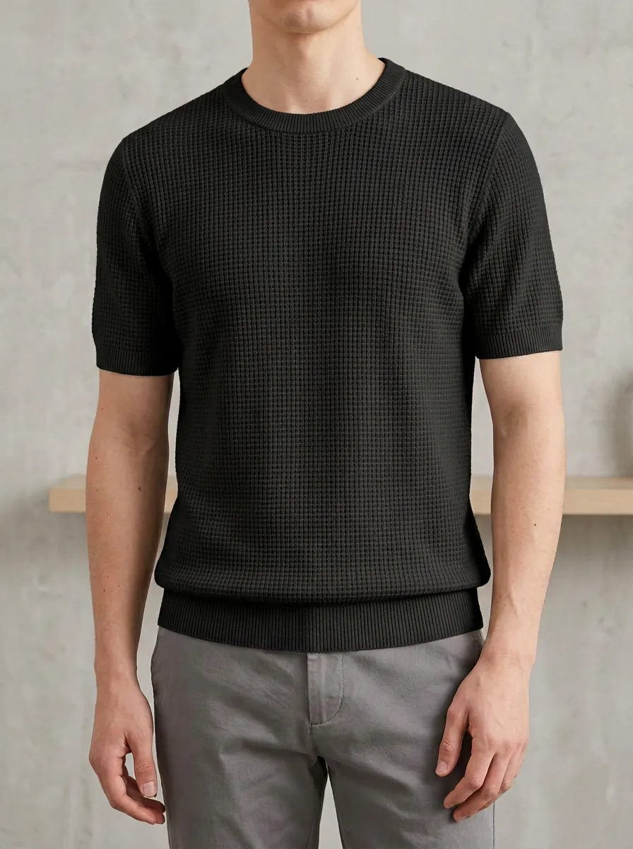 Men's Minimalist Short-Sleeve Waffle Knit Polo Shirt