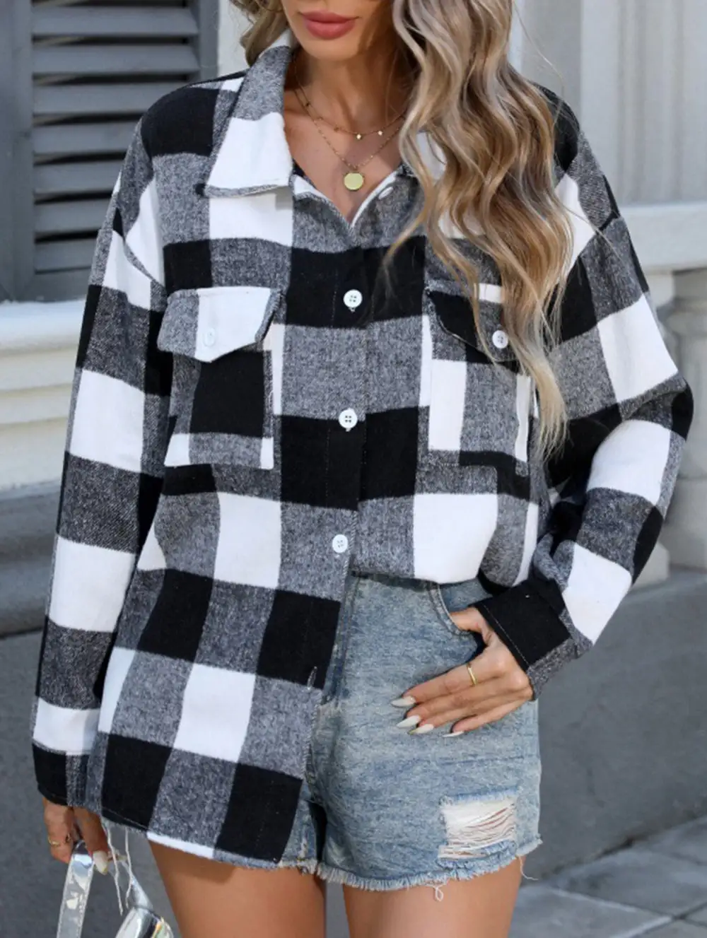 Button Detail Plaid Loose-Fitting Shirt