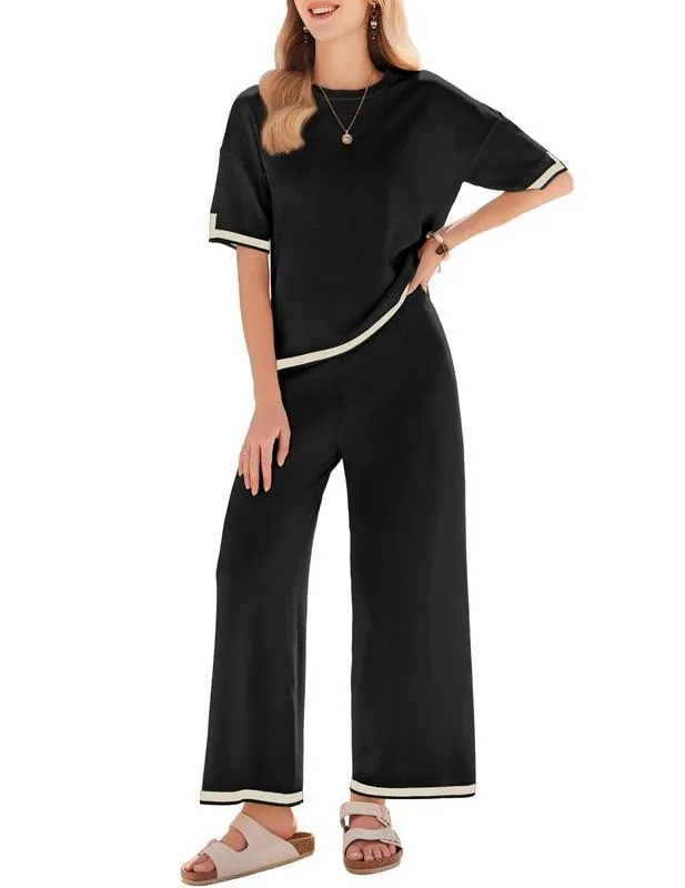 Women's 2-Piece Lounge Set - Black Knit Tracksuit with Short Sleeve Top & Wide Leg Pants - Soft Stretchy Homewear for Casual Wear