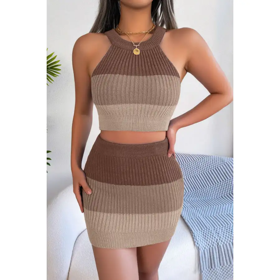 Block Sleeveless Crop Knit Top and Skirt Set
