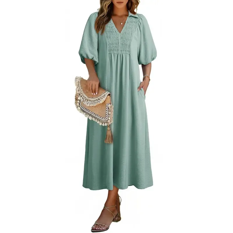 Casual V-neck puff-sleeve high-waist A-line long summer dress