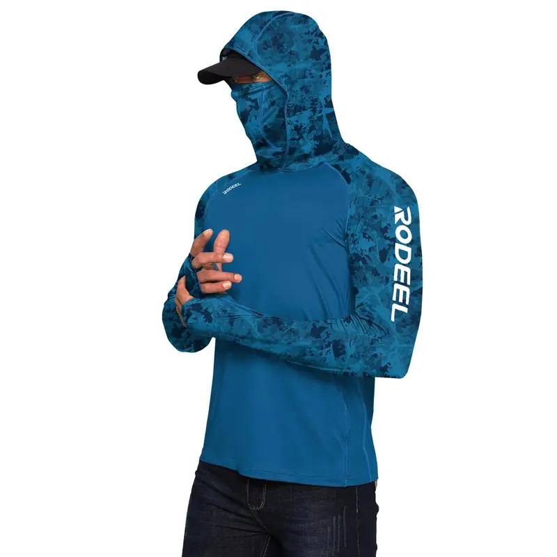 Sun Hoodie Shirt w/ UV Detection Mask Neck Gaiter Thumbhole Men UPF 100+ Sun Protection Raglan Long Sleeve Lightweight Quick Dry Moisture Wicking Breathable Cooling Athletic Activewear for Outdoor Hiking Fishing Construction Roofing Landscaping