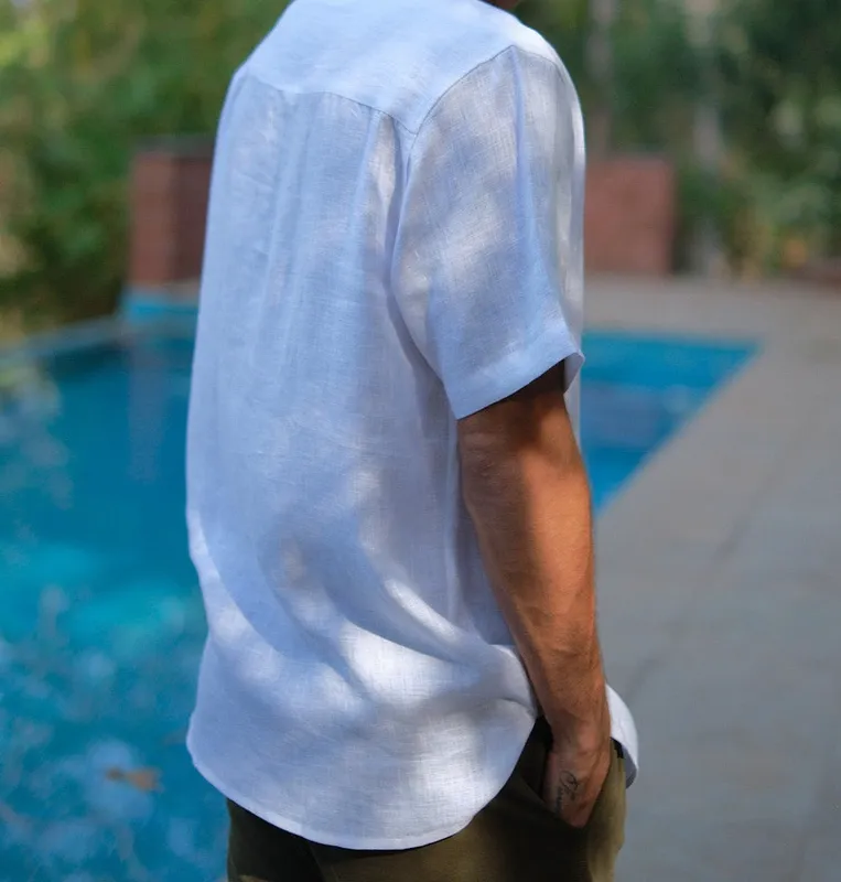 Pearl White Linen Band Collar Shirt