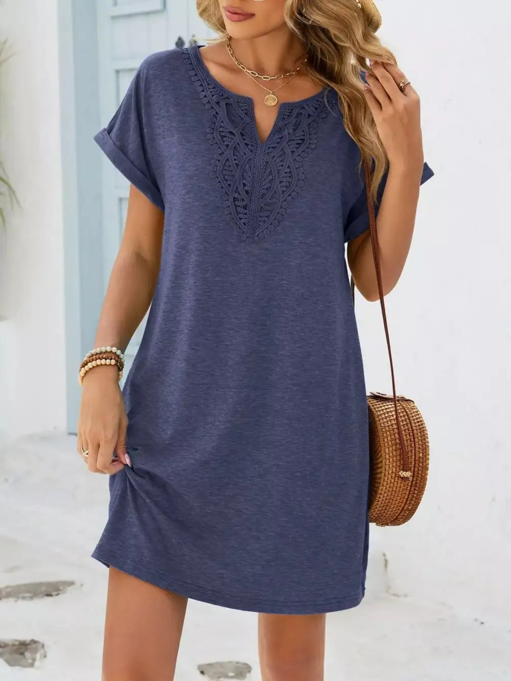 Polished Detail Lace Short Sleeve Dress
