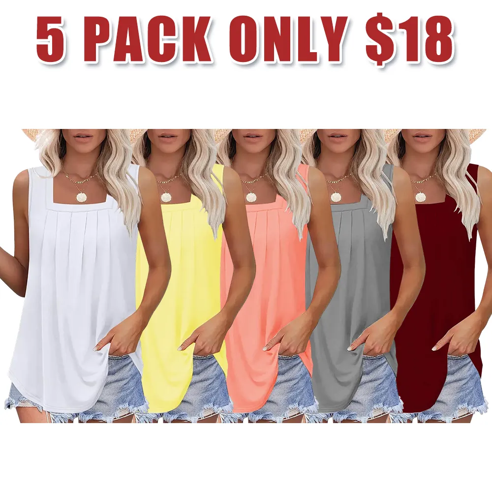 Summer Tank Tops for Women Loose Fit Pleated Square Neck Sleeveless Tops