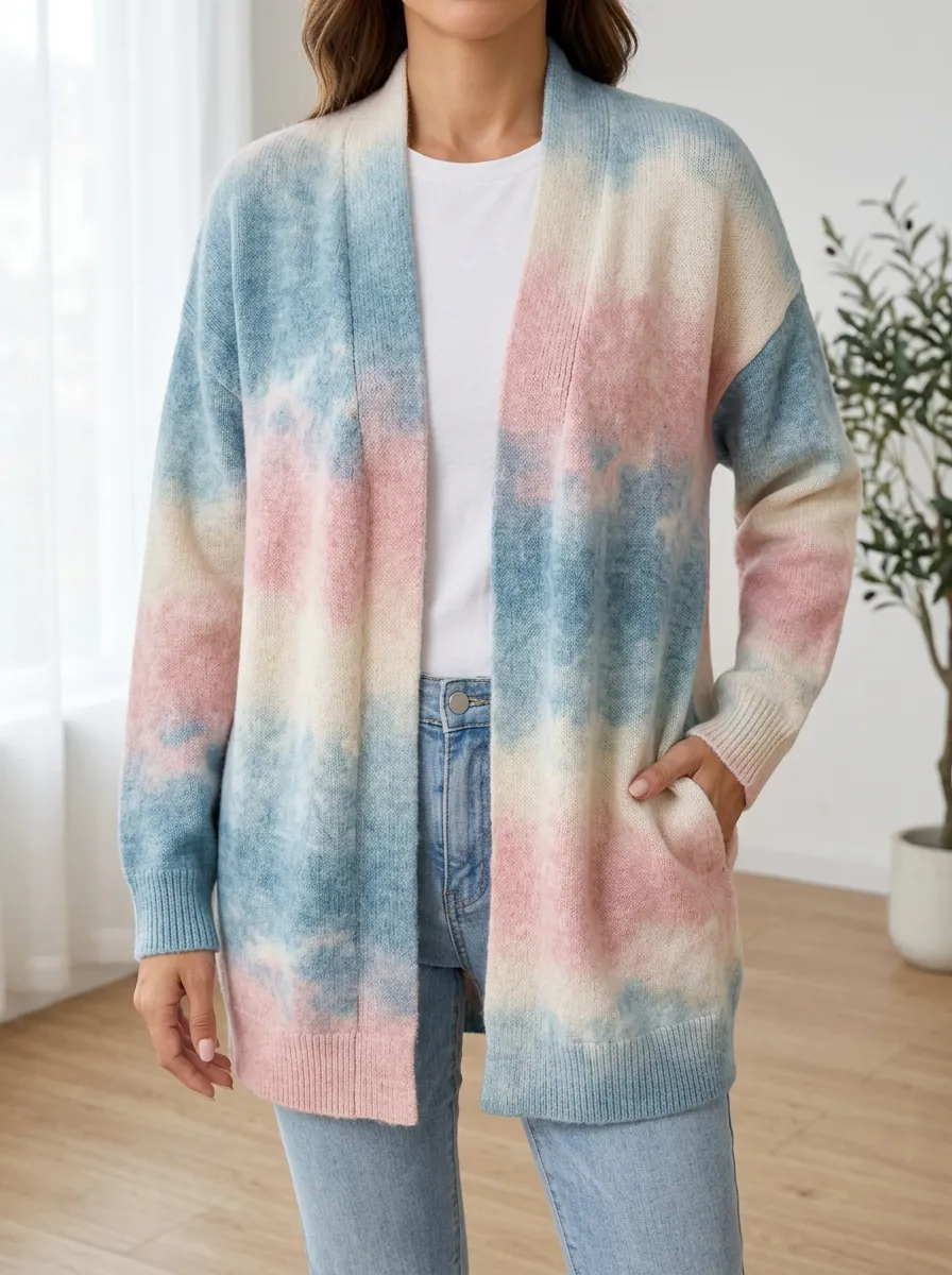 Women's Pastel Tie-Dye Pattern Printed Dropped Shoulder Casual Wardrobe Cardigan