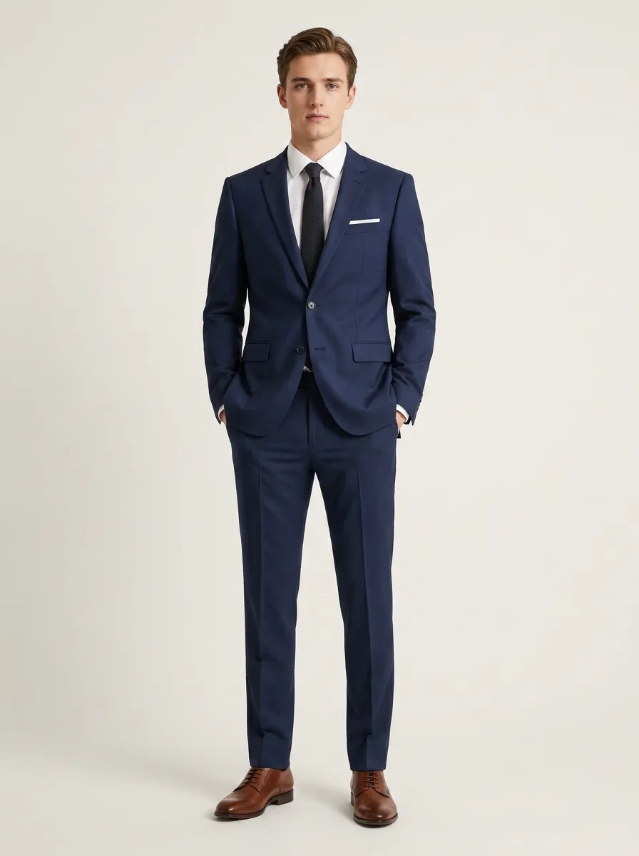 Men's Short Sleeve Business Formal Navy Blue Solid Color Tailored Suit