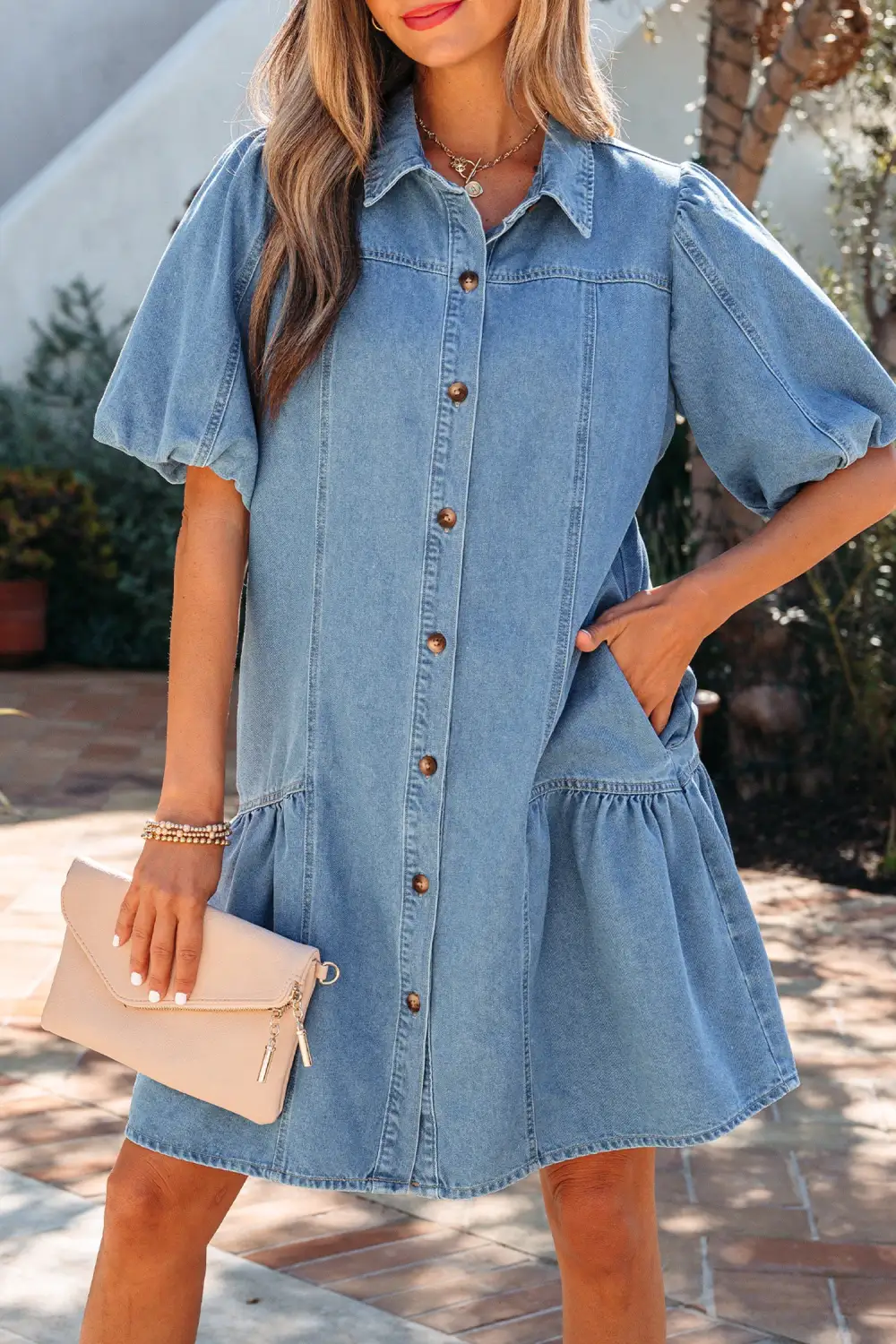 Patchwork Denim Button Front Dress Casual