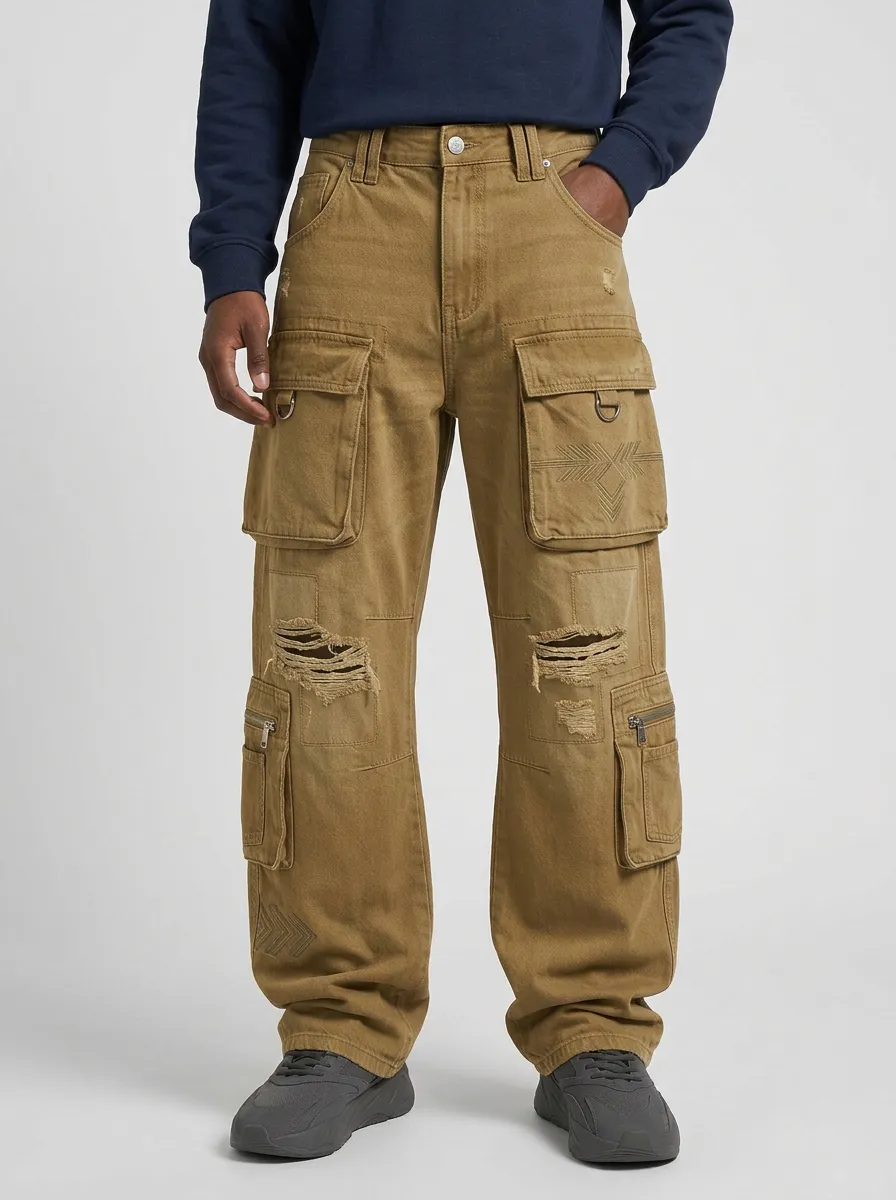 Men's Blue Washed Geometric Detail D-Ring Wide-Leg Denim Cargo Pants