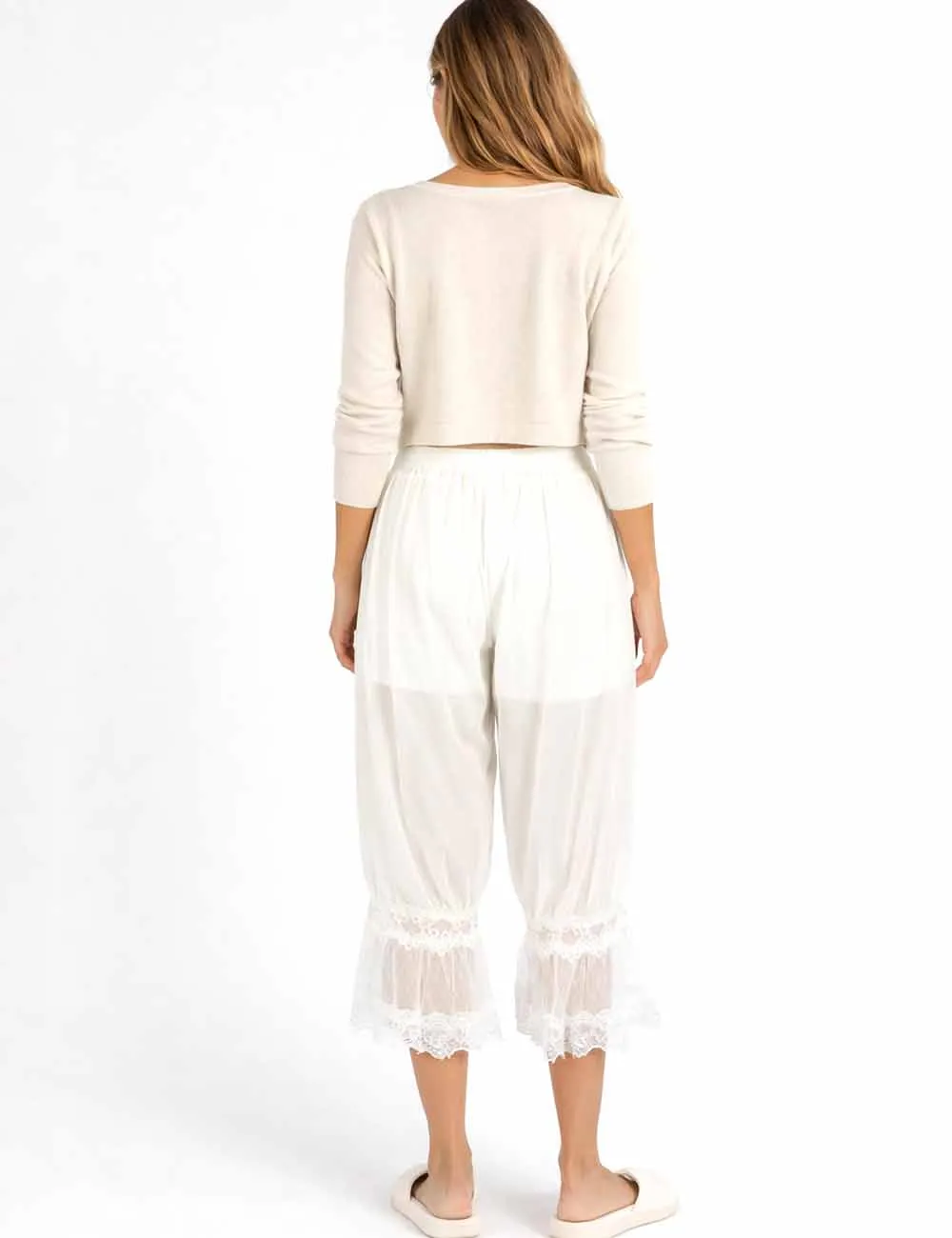 Sheer Lace Trim Bloomer Drawstring Waist Capri Pants
